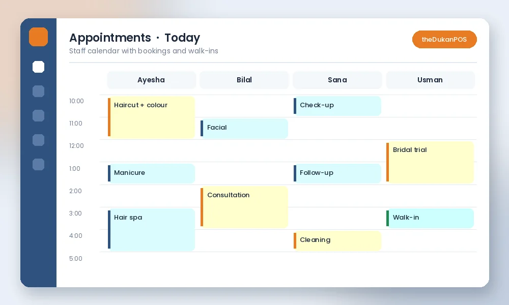 Booking software appointment calendar with staff columns and time slots