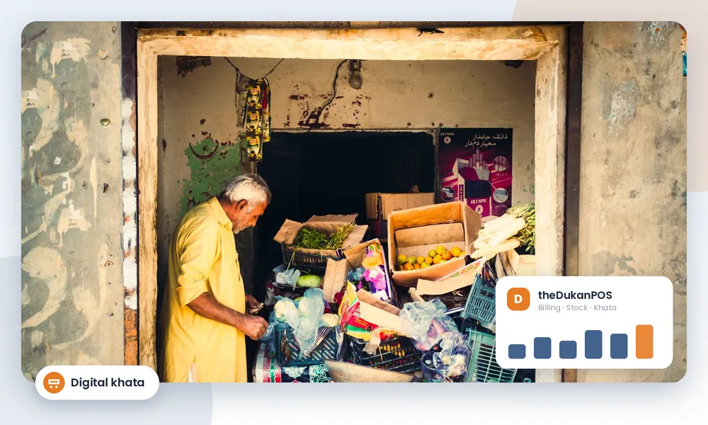 Kiryana shop owner using a digital khata app for udhaar