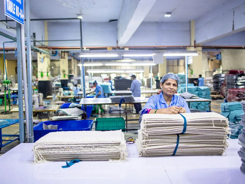 Textile factory worker stacking finished fabric, manufacturing software coming soon